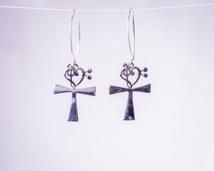 Unique Ankh drop earrings music heart accent, silver key of life pendant, Kemetic jewelry, occult, goth gift, feminine energy, eternal life