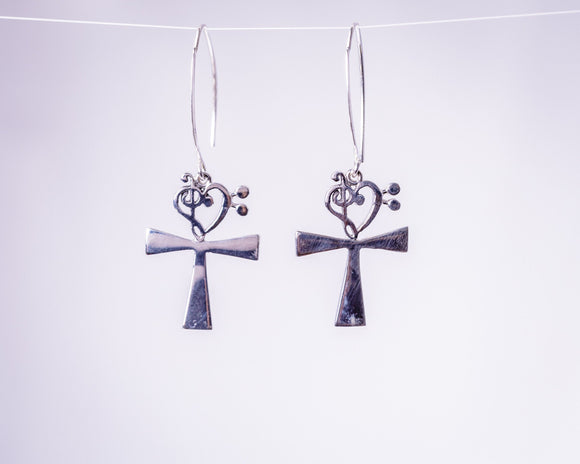 Unique Ankh drop earrings music heart accent, silver key of life pendant, Kemetic jewelry, occult, goth gift, feminine energy, eternal life