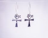Unique Ankh drop earrings music heart accent, silver key of life pendant, Kemetic jewelry, occult, goth gift, feminine energy, eternal life