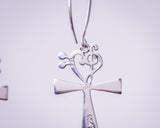 Unique Ankh drop earrings music heart accent, silver key of life pendant, Kemetic jewelry, occult, goth gift, feminine energy, eternal life