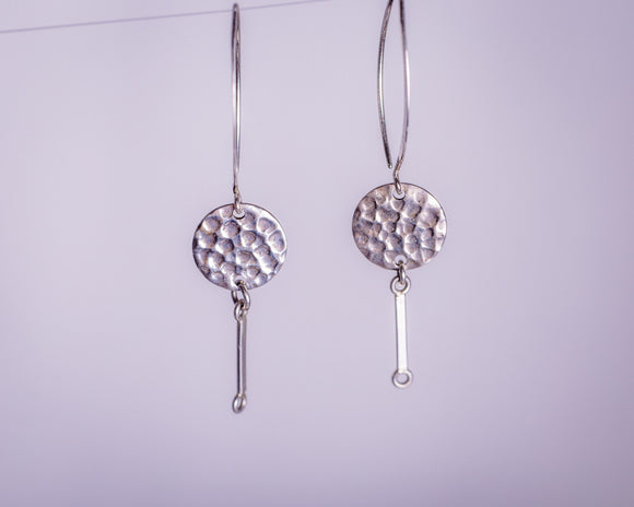 Silver drop earrings, light handmade hammered dangle