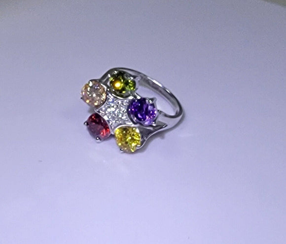 Sterling Silver,  Multi-Color crystal Flower Ring