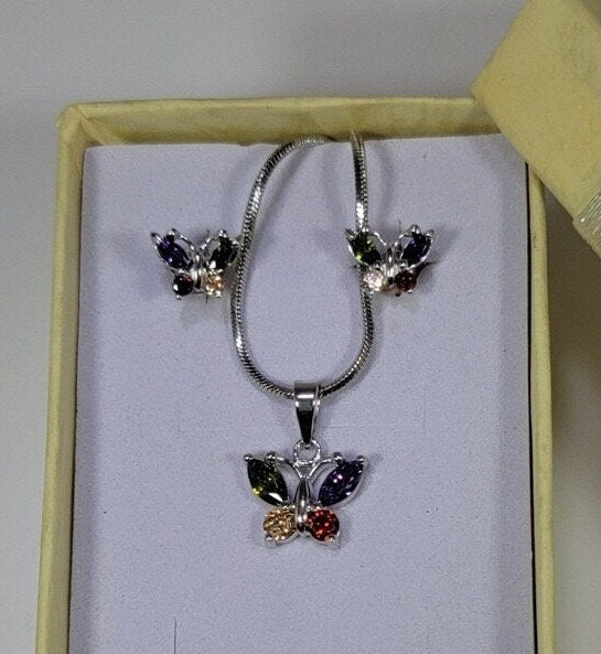 Butterfly earrings and  necklace set, handmade in sterling silver, a gift for transformation and change, minimalist jewelry