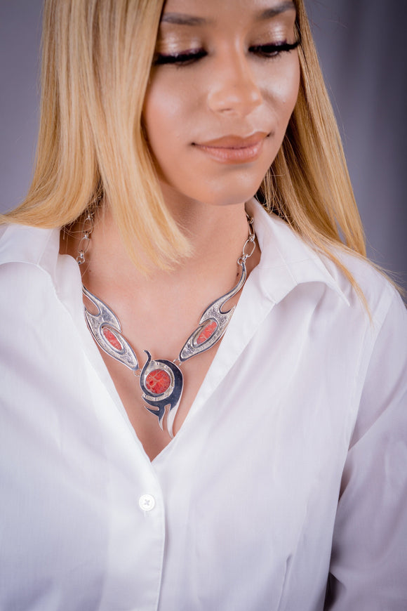 Silver Necklace Red Coral filigree work one of a kind Signature Chester Allen Art Series Our path Our struggle Gift for special someone