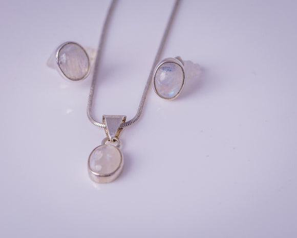 Moonstone jewelry, set in sterling silver, stone of new beginnings, oval post earring, Moonstone earring and necklace, gift for her