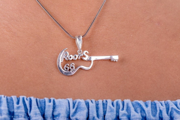 Silver guitar Necklace, Music, unique pendant, with reference to “roots” (route 66), handmade jewelry