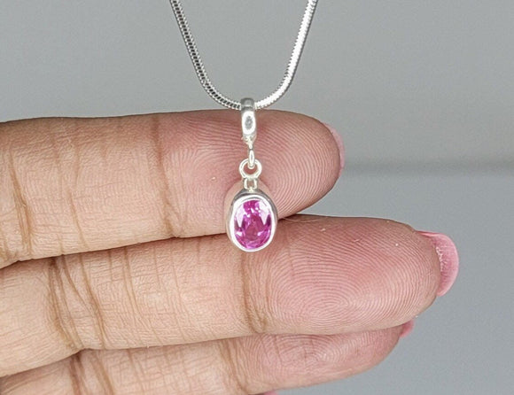 Pink oval tourmaline 6mm charm pendant set in sterling silver, October birthstone, handmade minimalist jewelry, gift for her