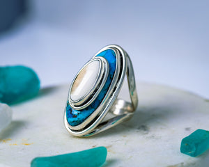 Turquoise and upcycled Ivory set in sterling silver Statement Ring size 8 and a half, December birthstone