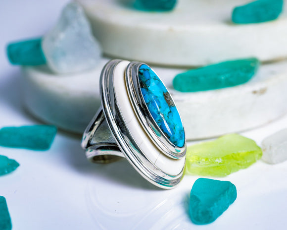 Turquoise and upcycled Ivory set in sterling silver Statement Ring