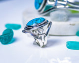 Silver Turquoise ring, ankh statement band with oval blue gemstone, December birthstone, handmade, one of a kind jewelry, Egyptian jewelry