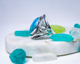Silver Turquoise ring, ankh statement band with oval blue gemstone, December birthstone, handmade, one of a kind jewelry, Egyptian jewelry
