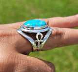 Silver Turquoise ring, ankh statement band with oval blue gemstone, December birthstone, handmade, one of a kind jewelry, Egyptian jewelry