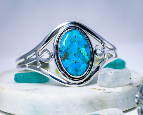 Turquoise cuff bracelet, handcrafted with sterling silver ankh, stones energy for healing, birthday, anniversary gift, December birthstone
