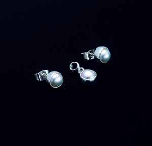 Mothers Day Gift, pearl stud earrings and charm pendant set sterling silver, handmade bridal jewelry, June birthstone, minimalist jewelry
