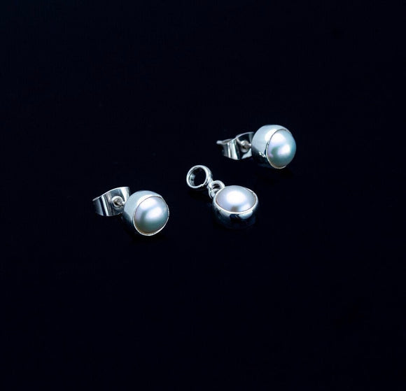 Mothers Day Gift, pearl stud earrings and charm pendant set sterling silver, handmade bridal jewelry, June birthstone, minimalist jewelry