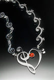 Music Heart Necklace Sterling silver with carnelian stone by New Orleans artist Chester Allen relationship jewelry art, Mothers Day Gift