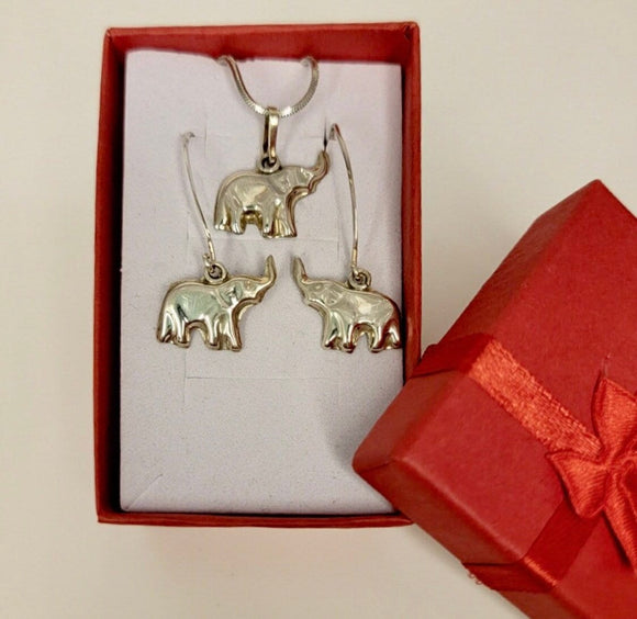 Silver Elephant jewelry set, gift for good luck, earring and necklace set, handmade jewelry