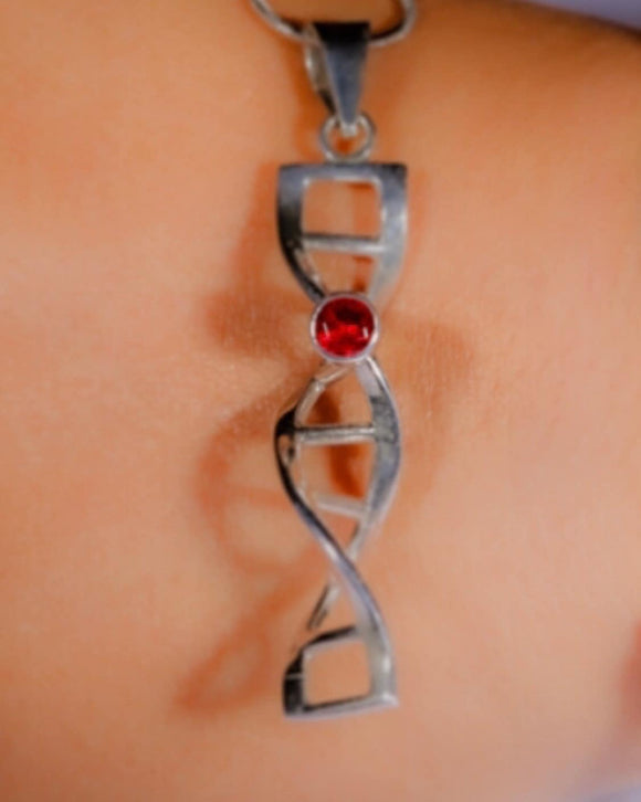 DNA helix necklace, Sterling silver, red crystal double helix pendant, science jewelry, genetics,biology medical gift for her