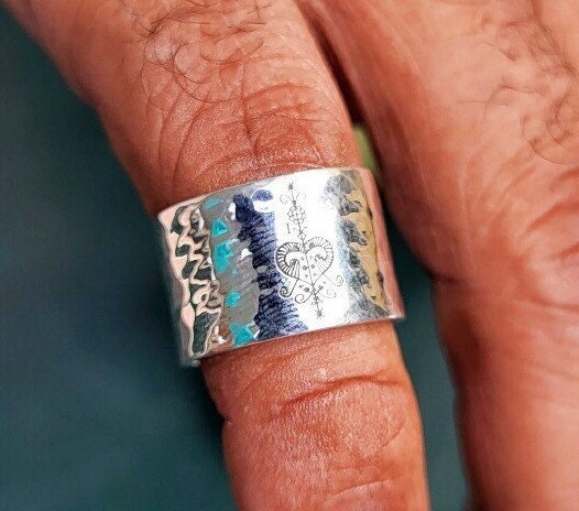 Erzulie ring, goddess of love, Silver handmade hammered and engraved band ring