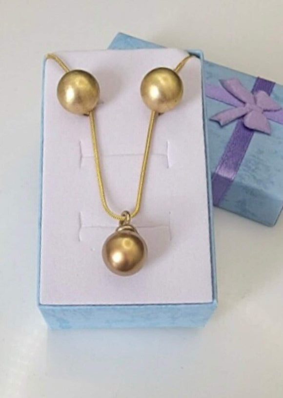 Gold ball earrings and pendant set, 10mm post studs and necklace, Christmas gift