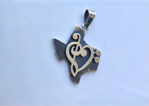 Gift for Texan, Texas Necklace, Sterling Silver Texas state pendant, Deep in the heart of Texas,music heart handmade jewelry, Valentine Gift