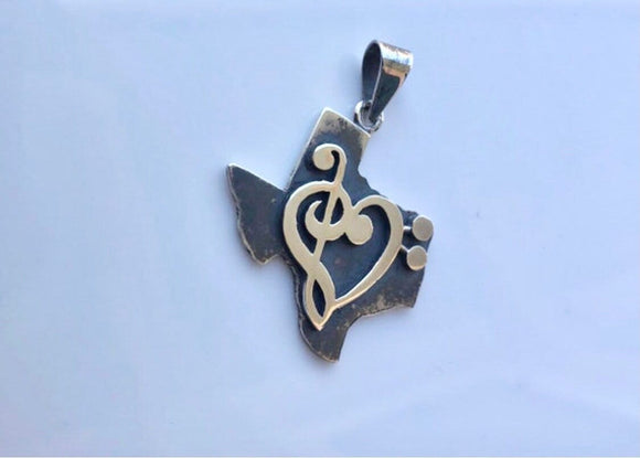 Gift for Texan, Texas Necklace, Sterling Silver Texas state pendant, Deep in the heart of Texas,music heart handmade jewelry, Valentine Gift