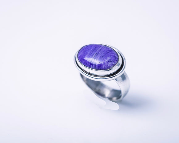 Purple Oval ring, Charoite lavender stone, connects to 7th or crown chakra
