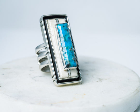 Turquoise and upcycled Ivory set in sterling silver Statement Ring size 9