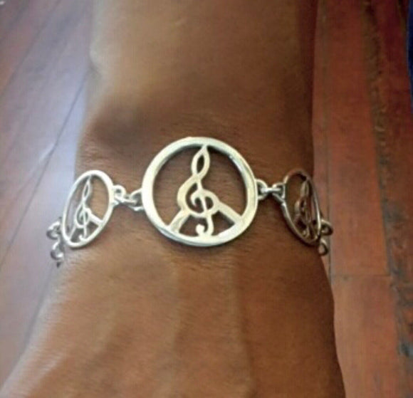 Peace Sign bracelet, Music note link bracelet,  sterling silver treble clef symbol, New Orleans jewelry, Chester Allen, Power of Love gift