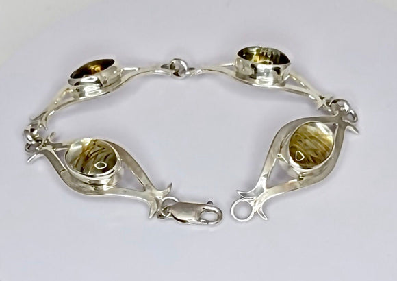 Gold color rutilated quartz link bracelet, sterling silver handmade gemstone bracelet, statement jewelry, gift for her