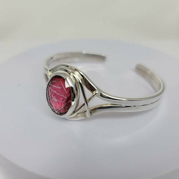 Pink rutilated quartz cuff, handmade silver pink gemstone bracelet, statement jewelry