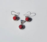 Red Coral post earrings and pendant set, sterling silver, Mothers Day gift for her