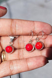 Red Coral Sterling Silver Jewelry Set: Drop Earrings and Pendant