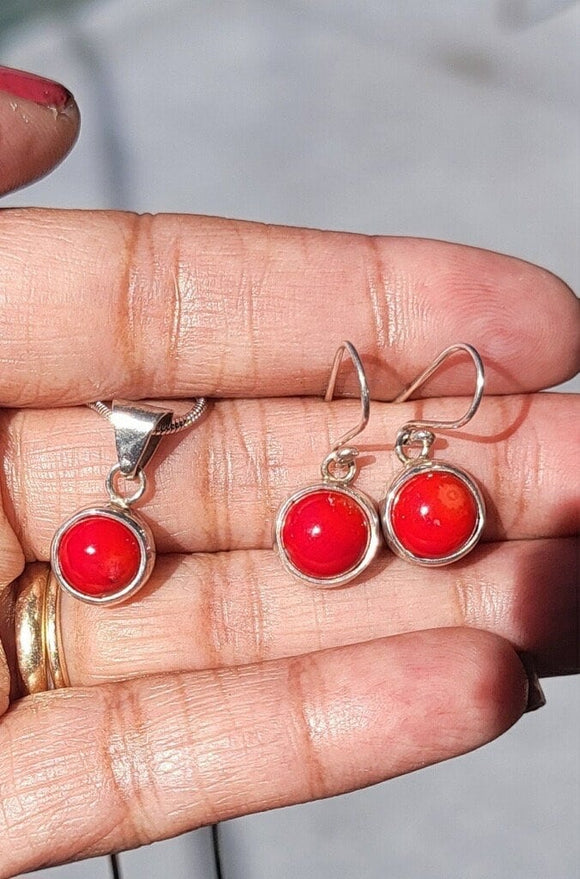 Red Coral Drop earrings and pendant set, sterling silver, Mothers Day gift for her