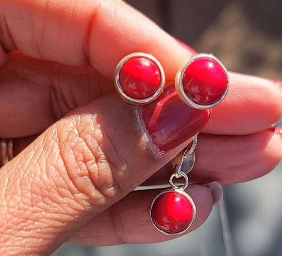 Red Coral post earrings and pendant set, sterling silver, Mothers Day gift for her