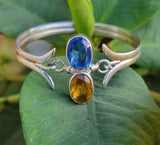 Blue and Golden topaz bracelet set in sterling silver, unique double gemstone, handmade jewelry gift for Ukrainian
