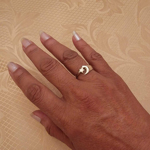 Crescent Moon and Star ring, sterling silver