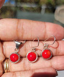 Red Coral Sterling Silver Jewelry Set: Drop Earrings and Pendant