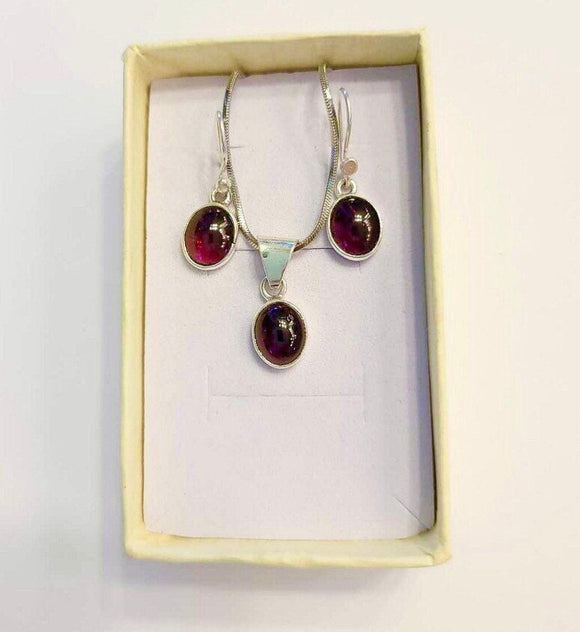Red Garnet Gemstone Jewelry set, Oval drop earring necklace set, sterling silver, stone for love, January birthstone, Birthday gift for her