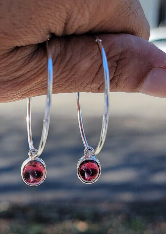 Garnet hoops, sterling silver, January birthstone, two and one earrings