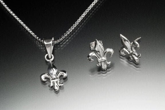 Fleur de lis Jewelry set, Sterling silver Earring Necklace, Louisiana symbol, New Orleans artist Chester Allen, Mothers Gift for her