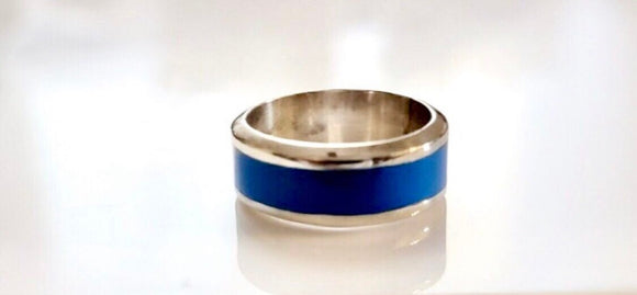 Silver and Blue enamel, sterling silver band ring