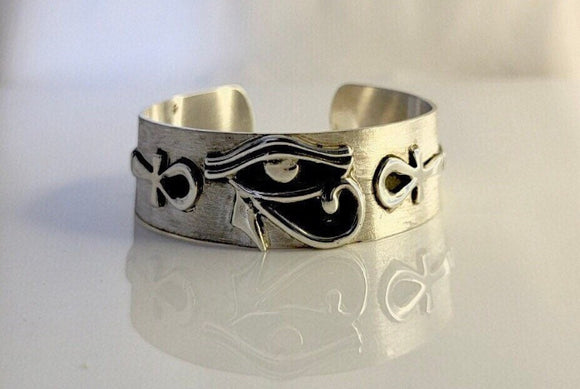 Unique Egyptian jewelry, Eye of Horus cuff bracelet, Handmade sterling cuff with ankh and eye Kemetic symbols