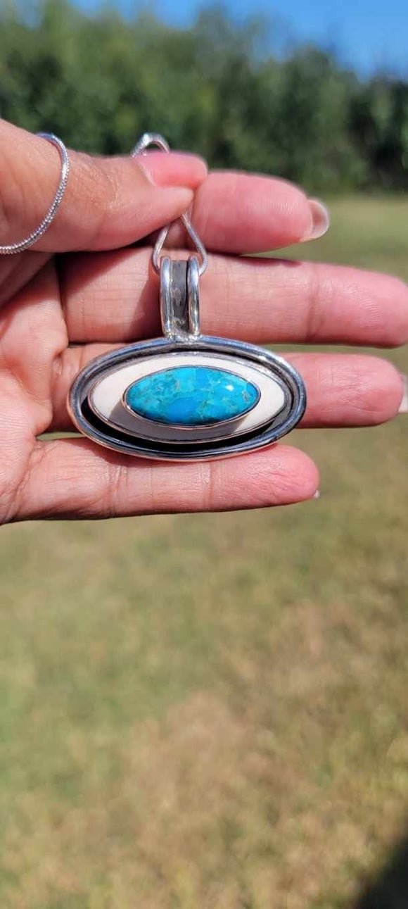 Turquoise and upcycled Ivory set in sterling silver bold oval pendant,  December birthstone