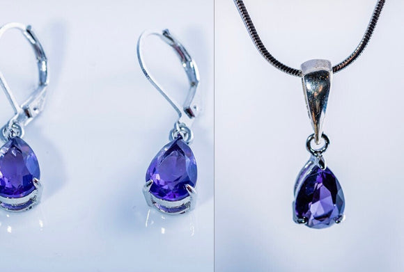 Purple amethyst silver teardrop earrings Necklace set available gf birthday gift unisex cool for sisters teens Christmas Gift