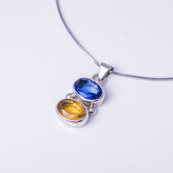 Blue and Golden topaz pendant set in sterling silver, unique double gem necklace, handmade jewelry gift