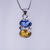 Blue and Golden topaz pendant set in sterling silver, unique double gem necklace, handmade jewelry gift