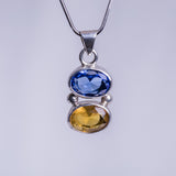 Handmade Sterling Silver Pendant: Blue & Golden Topaz Double Gem Necklace