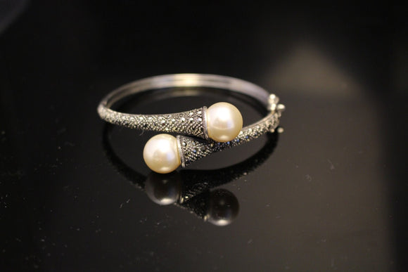 Cream color Pearl bracelet with Marcasite set in sterling silver, Handmade Bangle, Mothers Day gift for her