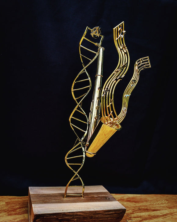 Music Art Sculpture Brass Sax with fused DNA double helix, Chester Allen handmade art,  tabletop Jazz Science Art collectible